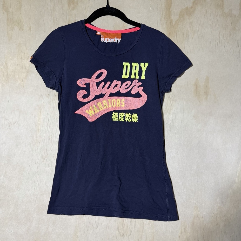 Superdry Dry Super Warriors Graphic T Shirt Women's Medium Navy Neon Logo Tee